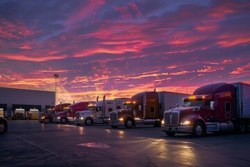 A group of cargo trucks parked in a distribution center parking lot while drivers load and unload goods - obrazy, fototapety, plakaty