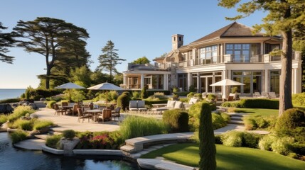 Obraz premium Mediterranean inspired villa with a sprawling garden and a private beach access in the exclusive Hamptons, New York