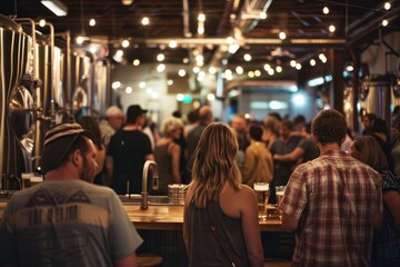 A diverse group of individuals standing and chatting around a bar at a community event like a beer festival or charity fundraiser hosted by a brewery