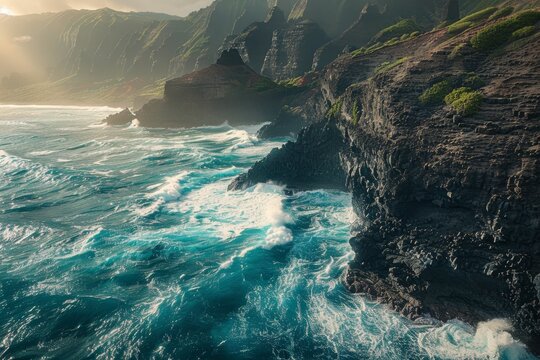 A rocky cliff towering over a body of water with waves crashing against the shore and sunlight illuminating the scene