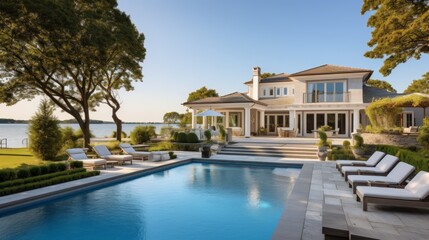 Fototapeta premium Mediterranean inspired villa with a sprawling garden and a private beach access in the exclusive Hamptons, New York