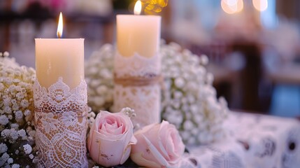Elegant decoration of wedding candles with a lace for the marriage ceremony. Accessories for wedding tradition of Ukraine