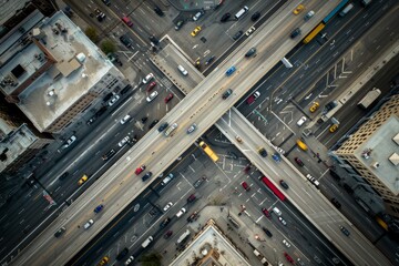 A view from above of a bustling city intersection where cars and trucks are navigating through lanes and traffic signals