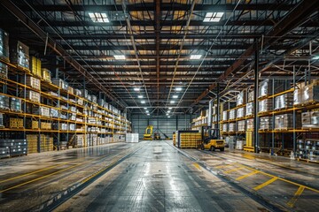 A view inside a vast warehouse packed with numerous shelves holding various goods, with forklifts moving around