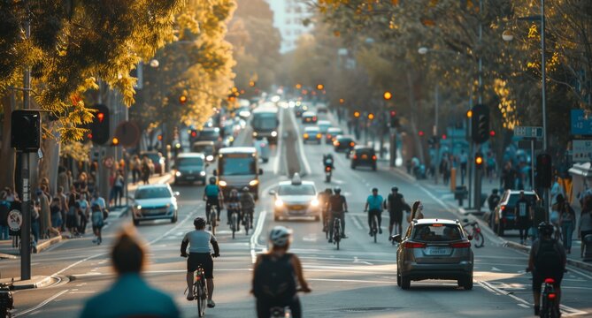 Bustling intersection of a major city at peak hour, with a mosaic of pedestrians, cyclists, and vehicles in harmonious chaos.