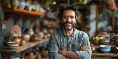 Shop owner delightedly receives glowing online review from contented customer in pottery shop. Concept Customer Satisfaction, Online Reviews, Pottery Shop, Happy Shop Owner