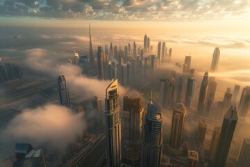 A dynamic skyline of a bustling city with skyscrapers and landmarks reaching towards the clouds