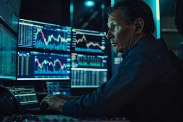 A man is seated in front of a computer monitor, analyzing stock charts as a trader at work