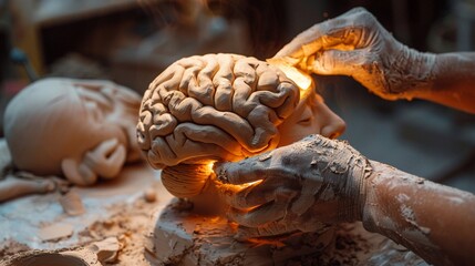 Hands sculpting clay brain nurturing intellect