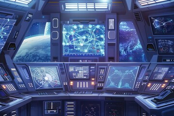 Airplane cockpit surrounded by a digital network of technology and communication, bathed in blue light against a city skyline - obrazy, fototapety, plakaty