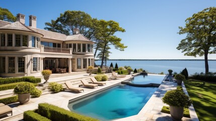 Fototapeta premium Mediterranean inspired villa with a sprawling garden and a private beach access in the exclusive Hamptons, New York