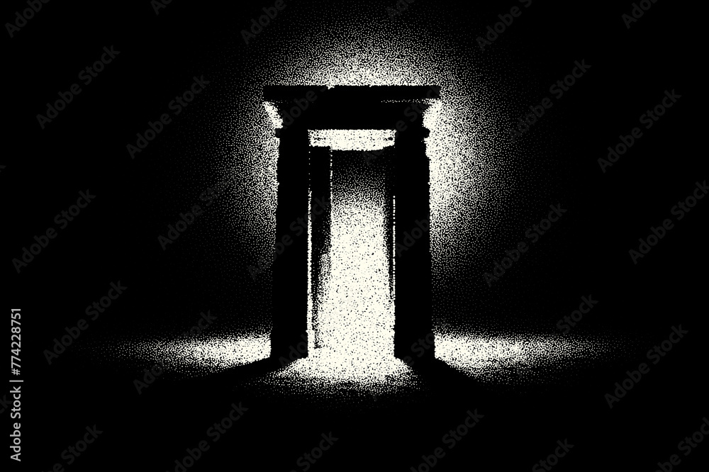Poster ancient ruins in sci-fi scene with dotwork retro style. mysterious gate debris with dramatic lights 