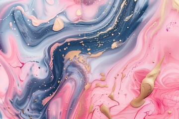 Abstract background with swirling patterns in pink, blue and gold paint. liquid marble texture with...