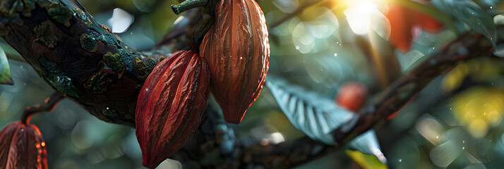 Fresh cocoa bean growing on a cacao tree in a tropical island jungle