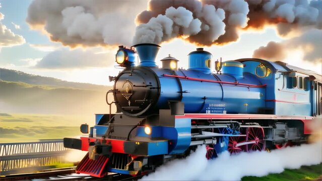 A colorful vintage steam train chugging along a countryside track, with smoke billowing against a serene backdrop. AI Generation