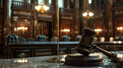Create a visual concept featuring a gavel in a courtroom, symbolizing the essence of law and authority - obrazy, fototapety, plakaty