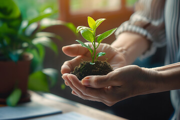 Sustainable Development Concept with Hands Holding a Young Plant