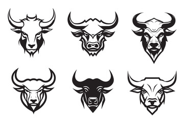 Angry bull head logo, detailed black outline vector illustration, isolated on background. - obrazy, fototapety, plakaty