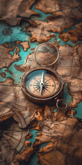 Vintage Compass on Old Map with Nature Background for Exploration Theme