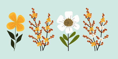 Obraz premium Cute floral set on isolated light green background. Vector yellow and white flower, blooming branch in flat style. For postcards, posters, icons.