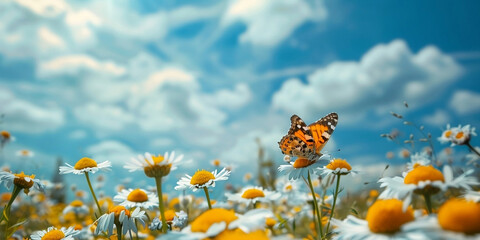 The blooming flowers are beautiful Butterfly blue the field of colors. Daisy field on a clear day Daisies come in white and yellow and surrounded by green grass surrounded by nature and shining sun.