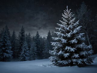 Obraz premium Winter Wonderland: Snow-Covered Christmas Tree Amidst Enchanting Forest Setting with Ample Copy Space, Illuminated by Nighttime Ambiance