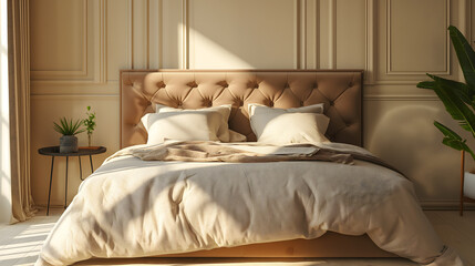 Fototapeta na wymiar Sunlit Cozy Bedroom Interior with Modern Stylish Decor
