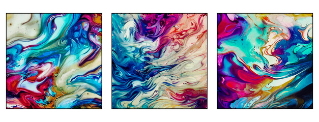 Set of 3 Watercolor painting on canvas . Alkohol ink  background .  Generated by Ai