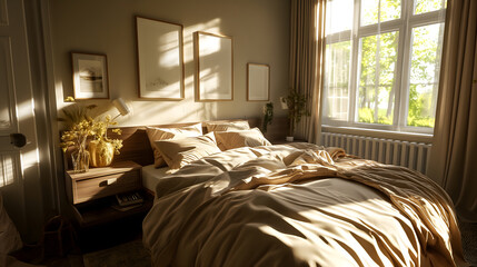 Cozy Bedroom Interior with Warm Morning Light Filtering Through - obrazy, fototapety, plakaty