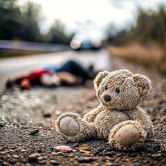 teddy bear on the road with car crash victim in the background