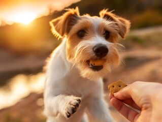 A pet owner rewarding their dog with treats for successfully completing a trick