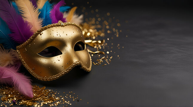 Gold carnival mask with feathers and confetti with cop .Generative AI