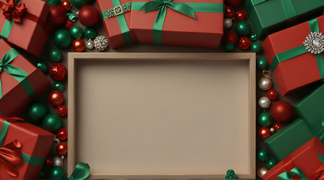 Frame rectangle from red gift boxes with brown and grey .Generative AI