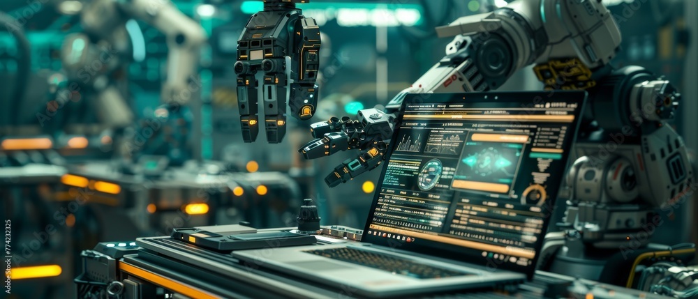 Poster Advanced robotics arms interacting with an AI interface on a laptop in a high-tech environment