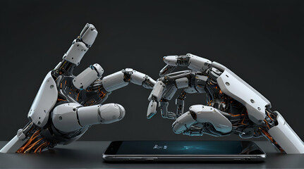 Cyborg robotic hand operated smartphone 3D rendering .Generative AI