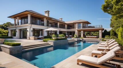 Fototapeta premium Mediterranean inspired villa with a sprawling garden and a private beach access in the exclusive Hamptons, New York