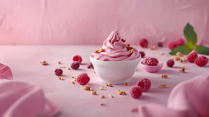 Fototapeta na wymiar Delicious Raspberry Ice Cream in a White Bowl with Berries and Nuts