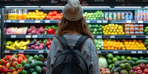 Making Healthy Choices: Woman Shopping for Fresh Produce in a Colorful Grocery Store Display....