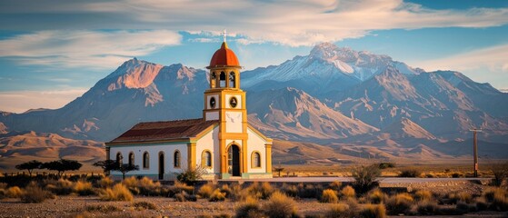Scenic Small Church in the Andes Mountains Glowing Under the Warm Sunset Light with Majestic...