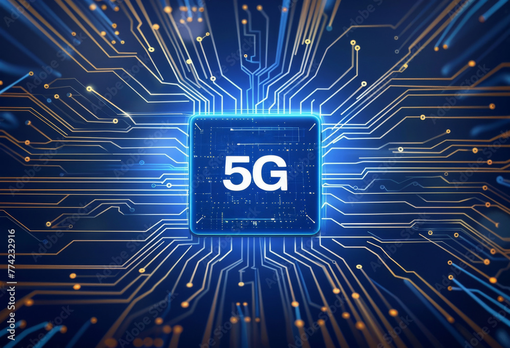 Poster Futuristic microchip with glowing 5G connectivity symbol on a circuit board background