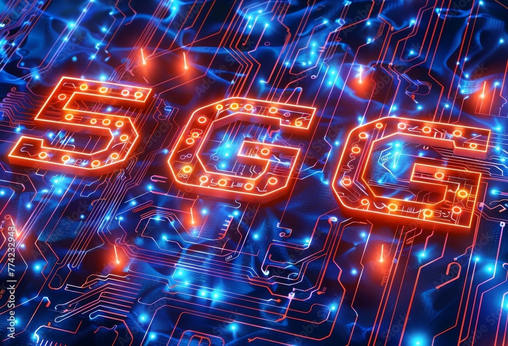 Poster Futuristic microchip with glowing 5G connectivity symbol on a circuit board background