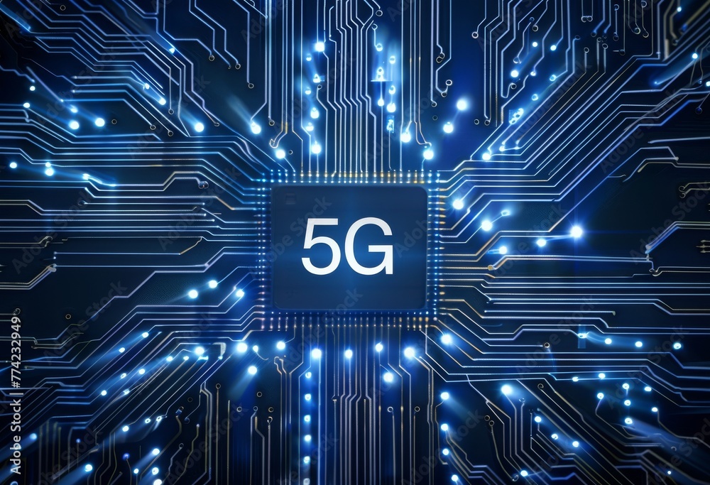 Poster Futuristic microchip with glowing 5G connectivity symbol on a circuit board background