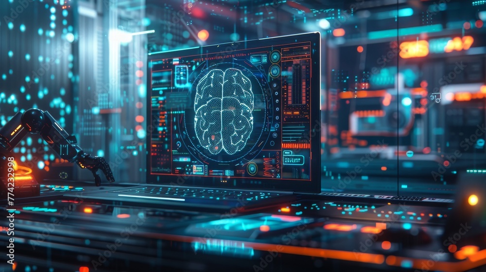 Poster Robotic arm interacting with a digital brain scan in a high-tech laboratory setting