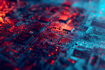 Futuristic Close-up of Glowing Electronic Circuit Board with Components - obrazy, fototapety, plakaty