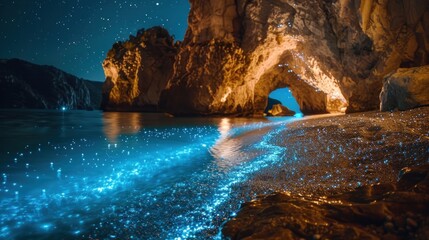 A beautiful beach with a blue water and a cave in the background