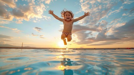 A young girl is jumping into a pool with her arms outstretched