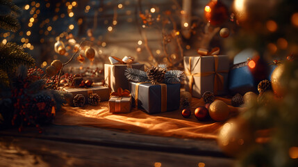 Elegant Festive Arrangement with Wrapped Gift and Christmas Ornaments