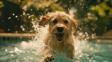 A dog is playing in a pool of water, splashing and having fun