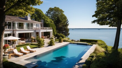Fototapeta premium Mediterranean inspired villa with a sprawling garden and a private beach access in the exclusive Hamptons, New York