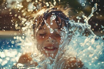 A young girl is splashing in a pool, smiling and enjoying herself